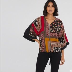 Chico’s Boho Patchwork Floral Print Zip Kimono Top Blouse 1 (M) Fringe Cuff Boho